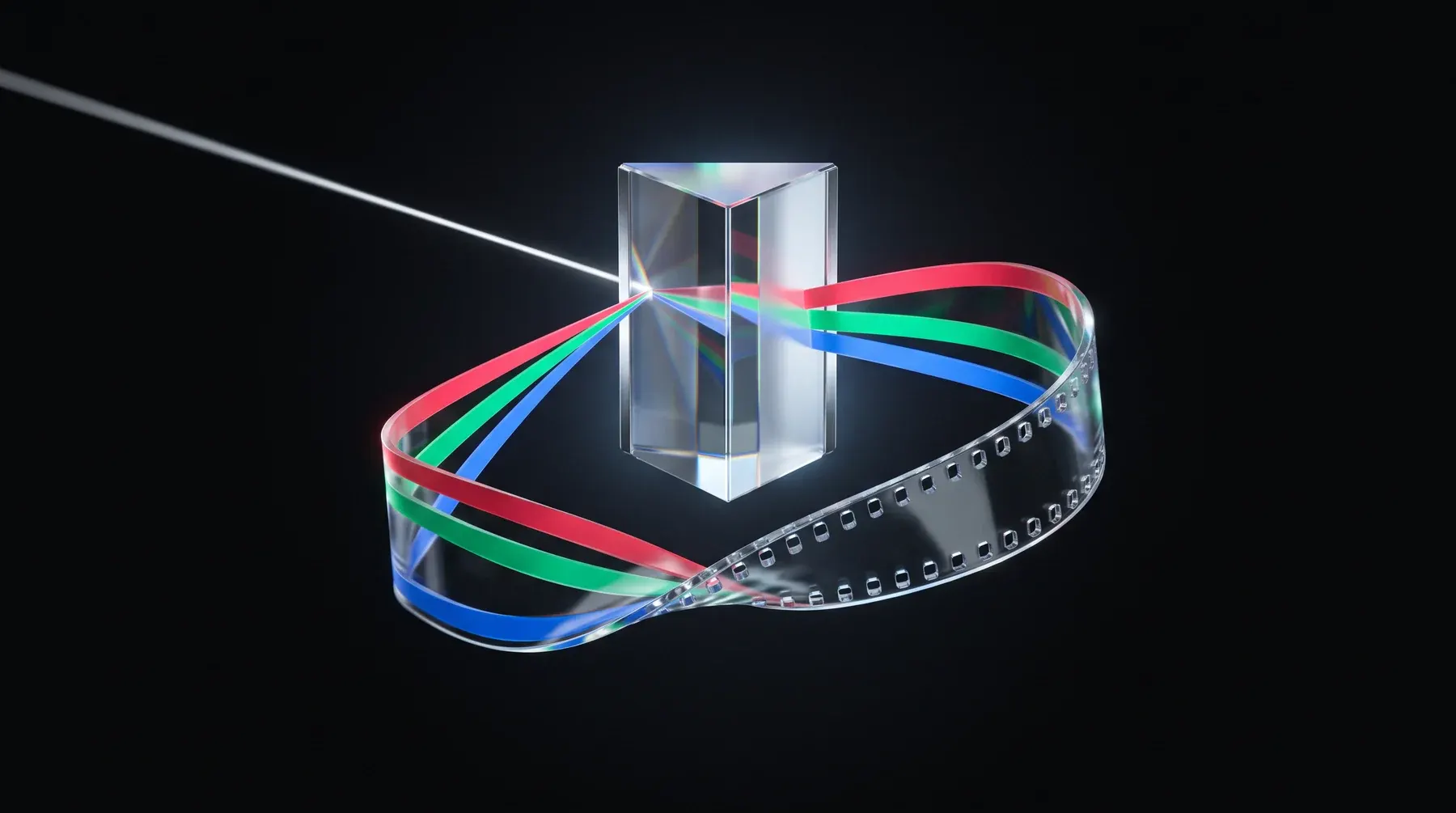A glass prism splitting one beam into red, green, and blue ribbons that braid back into a strip of film.