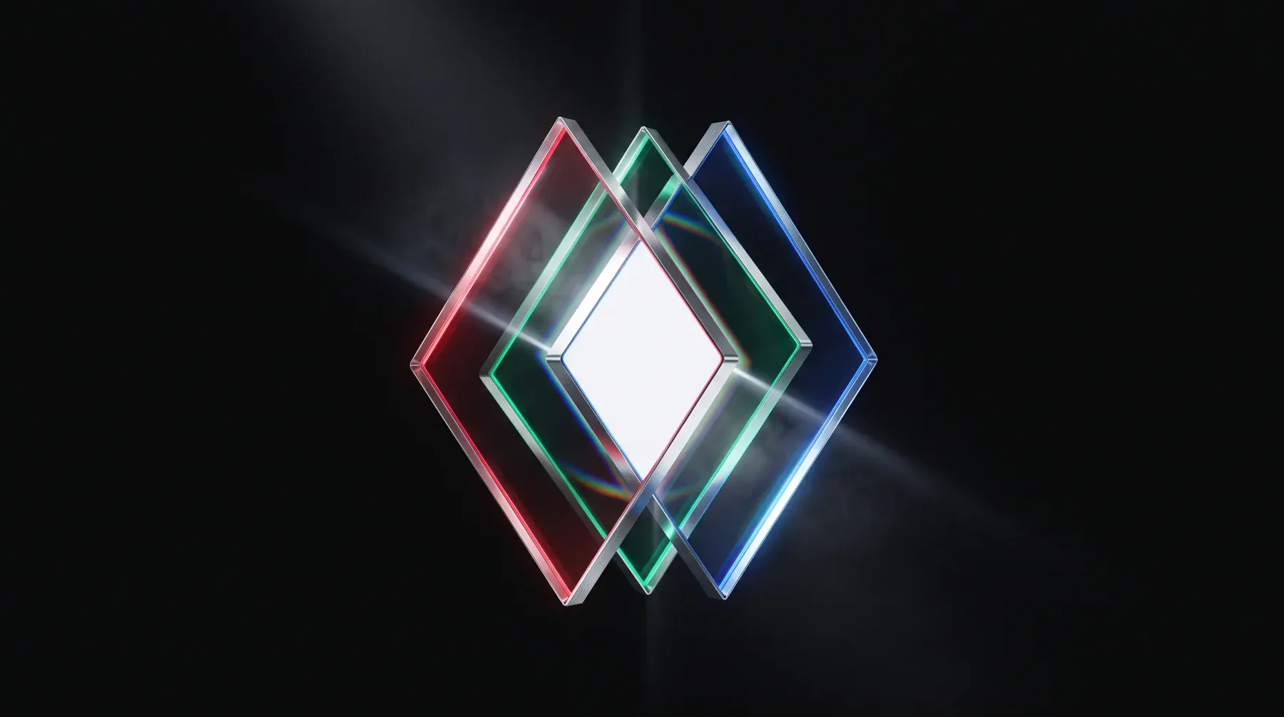 Three panes of red, green, and blue glass rotating into register, resolving to clean white at the centre.