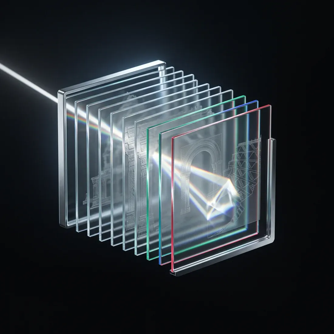 A dozen etched glass plates in a chrome frame resolving into one composite image of light.