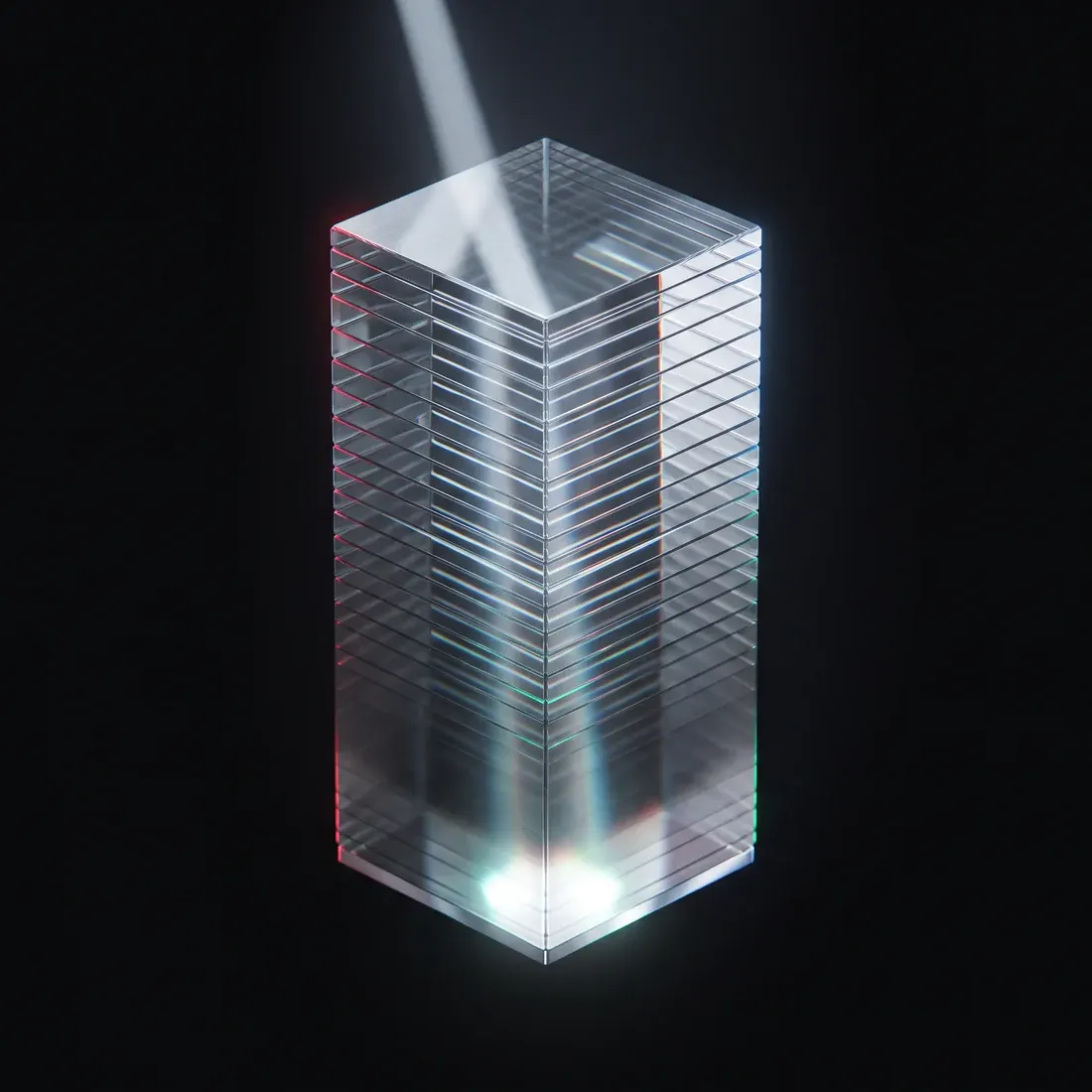A column of stacked glass strata carrying one beam of light down through every layer.