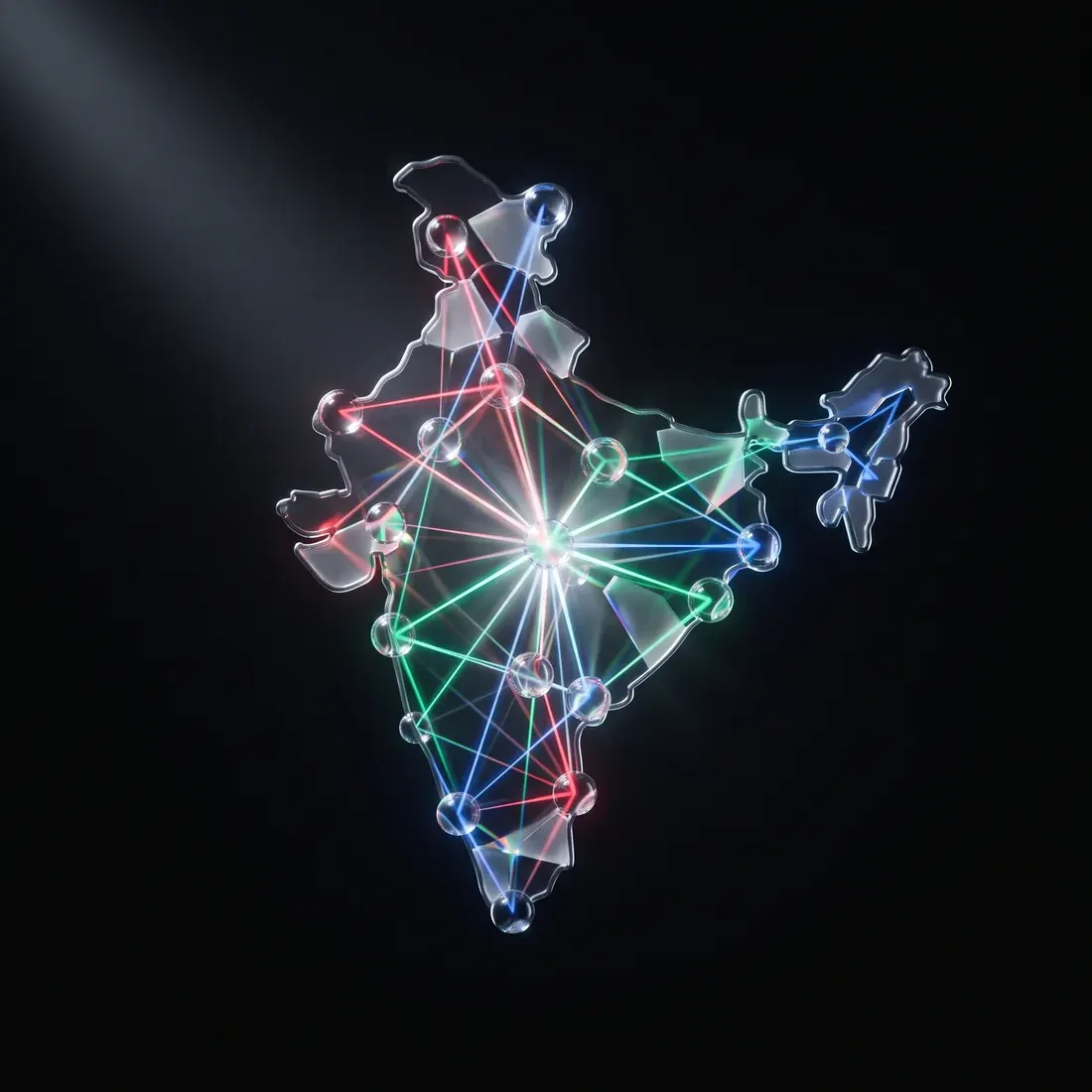 A glass node network in the silhouette of India, lit by threads of coloured light.