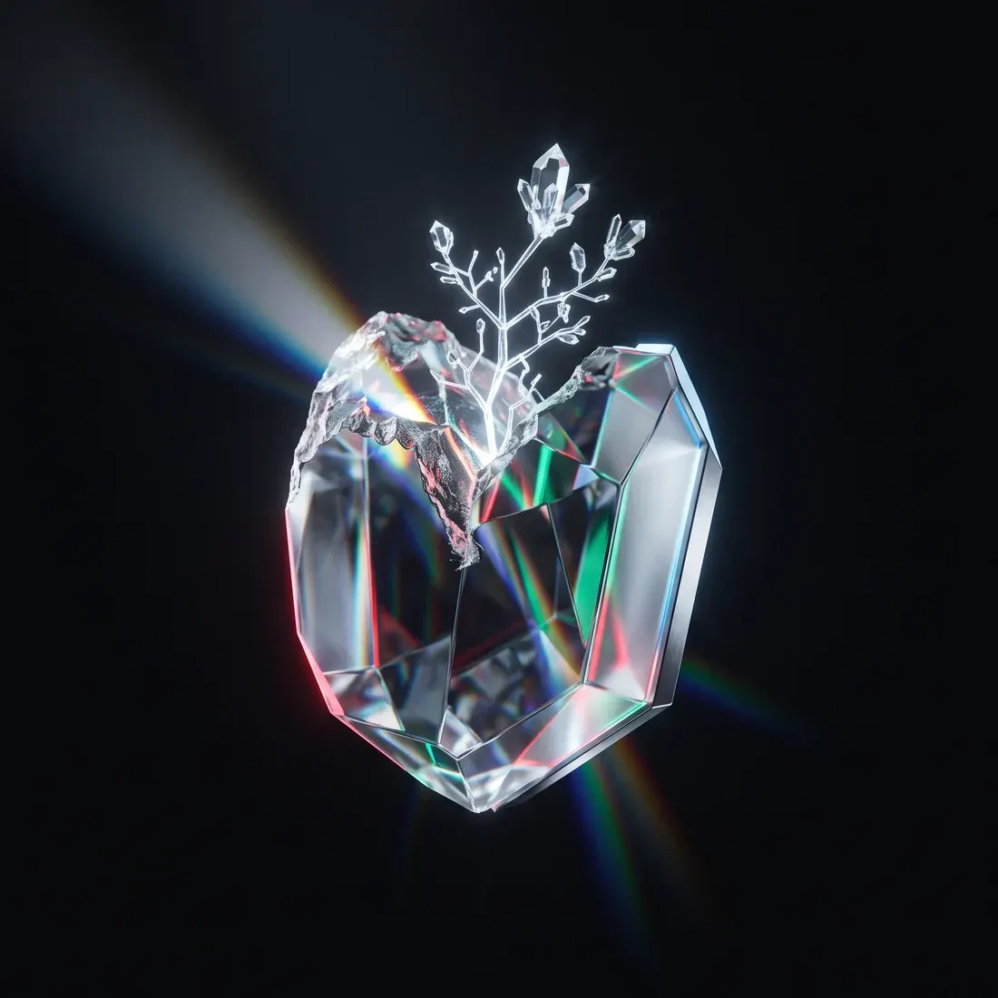 A glass crystal split open, a lattice of light crystallising outward from the fracture.