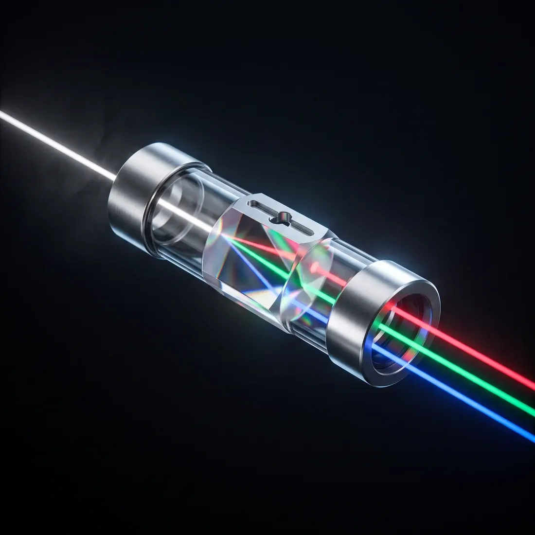 A glass pipe with a machined prism module splitting one beam into three ordered streams.