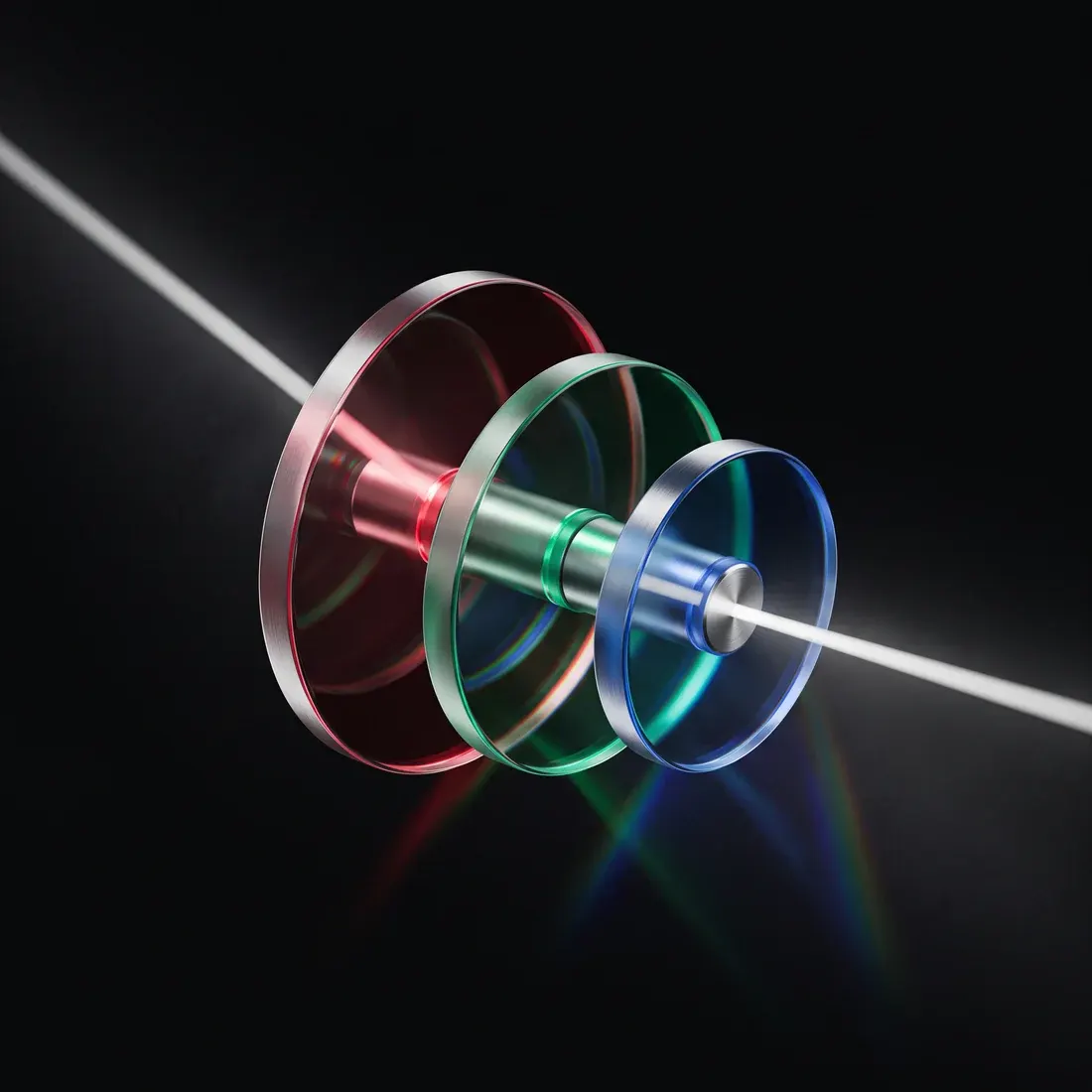 Three tinted glass colour discs on a chrome spindle returning a beam to neutral white.