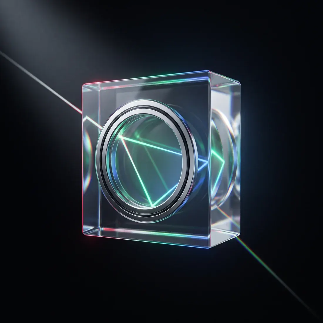 A block of clear glass with a chrome seal, a beam folding back on itself inside.