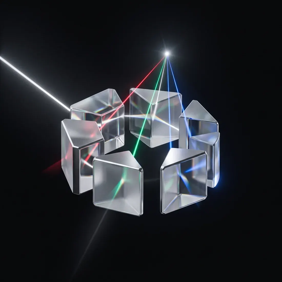 Five glass prisms bending separate beams that converge on a single point of light.