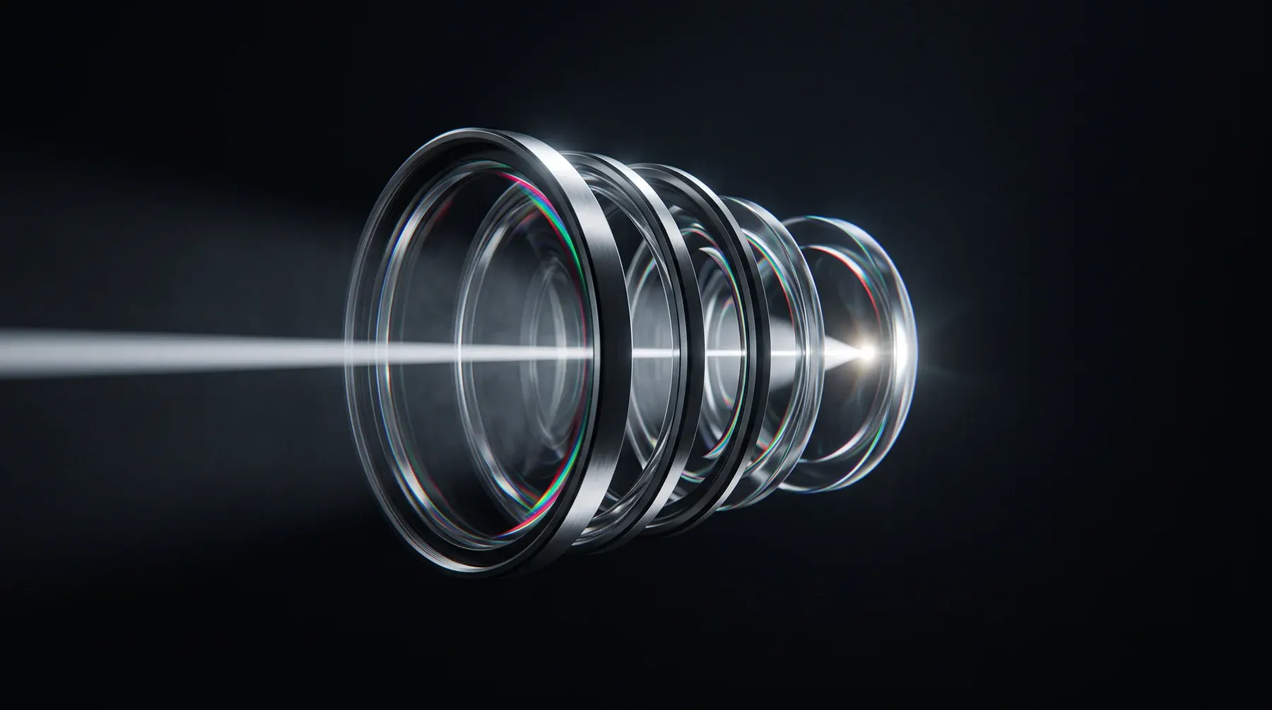 A stack of optical glass lens elements in chrome rings focusing a single beam to a point of light.