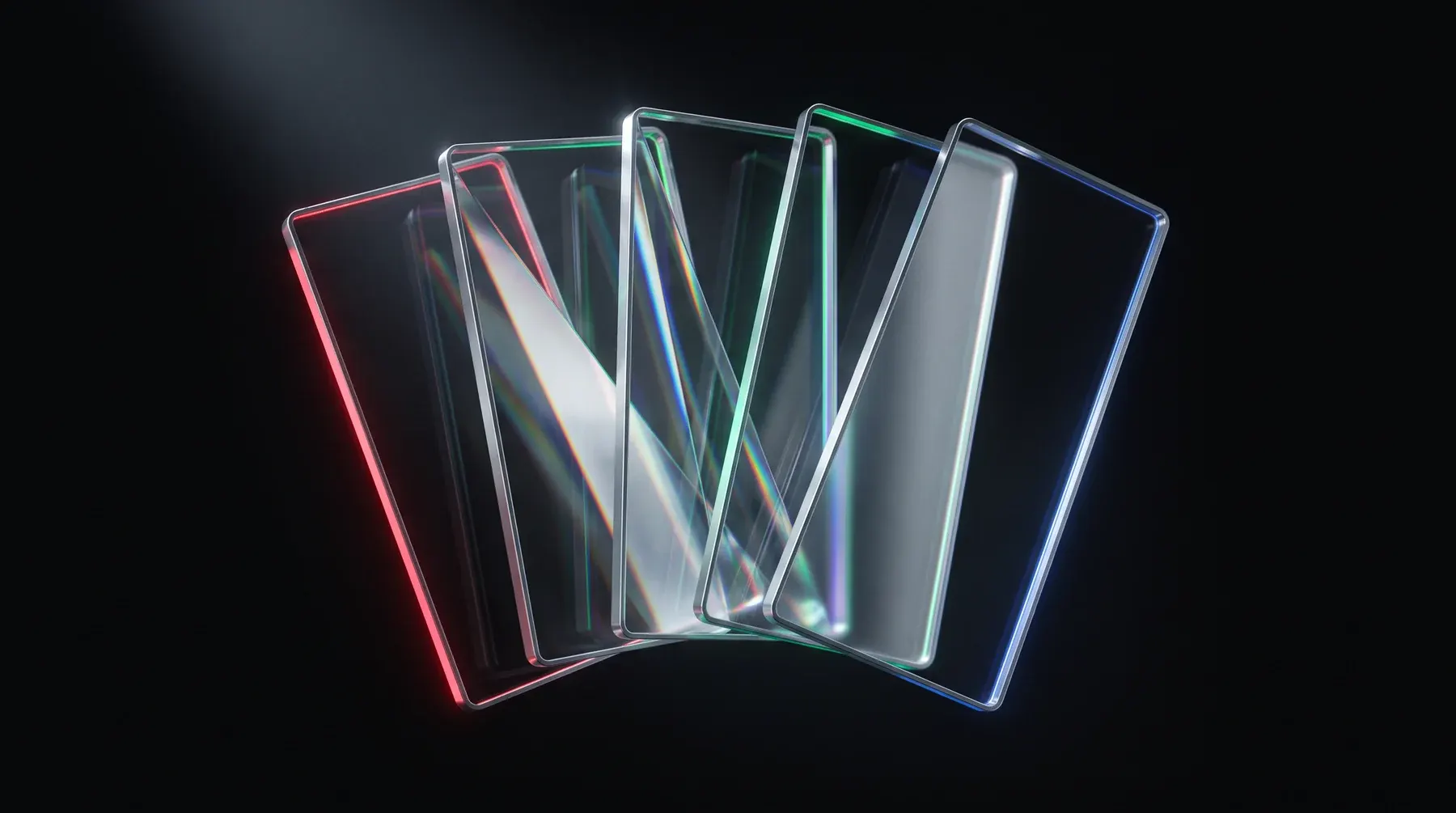 Five tall vertical glass panels fanned like a hand of cards, each edge-lit a different channel colour.